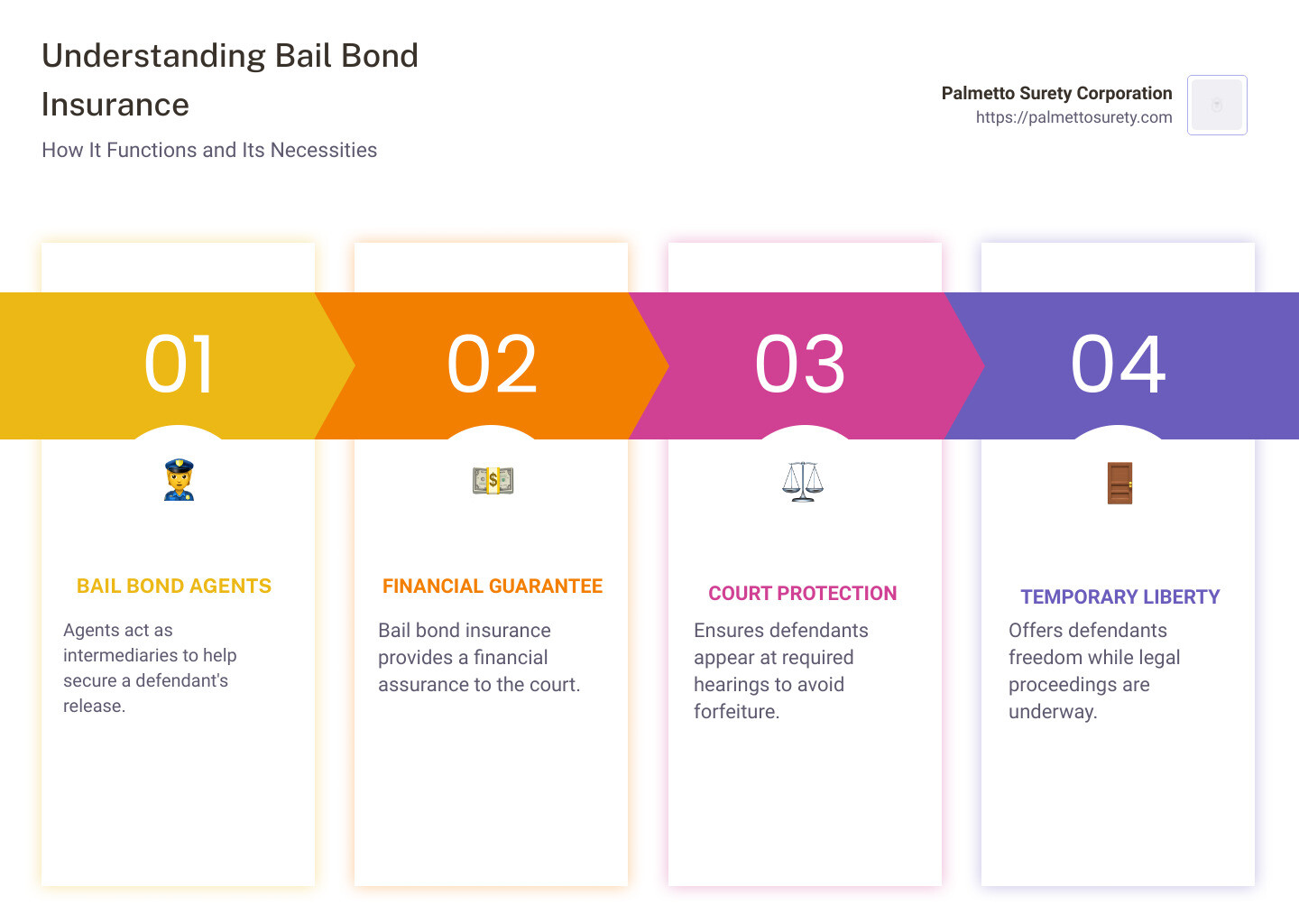 Diagram explaining bail bond insurance process - what is bail bond insurance infographic pillar-4-steps