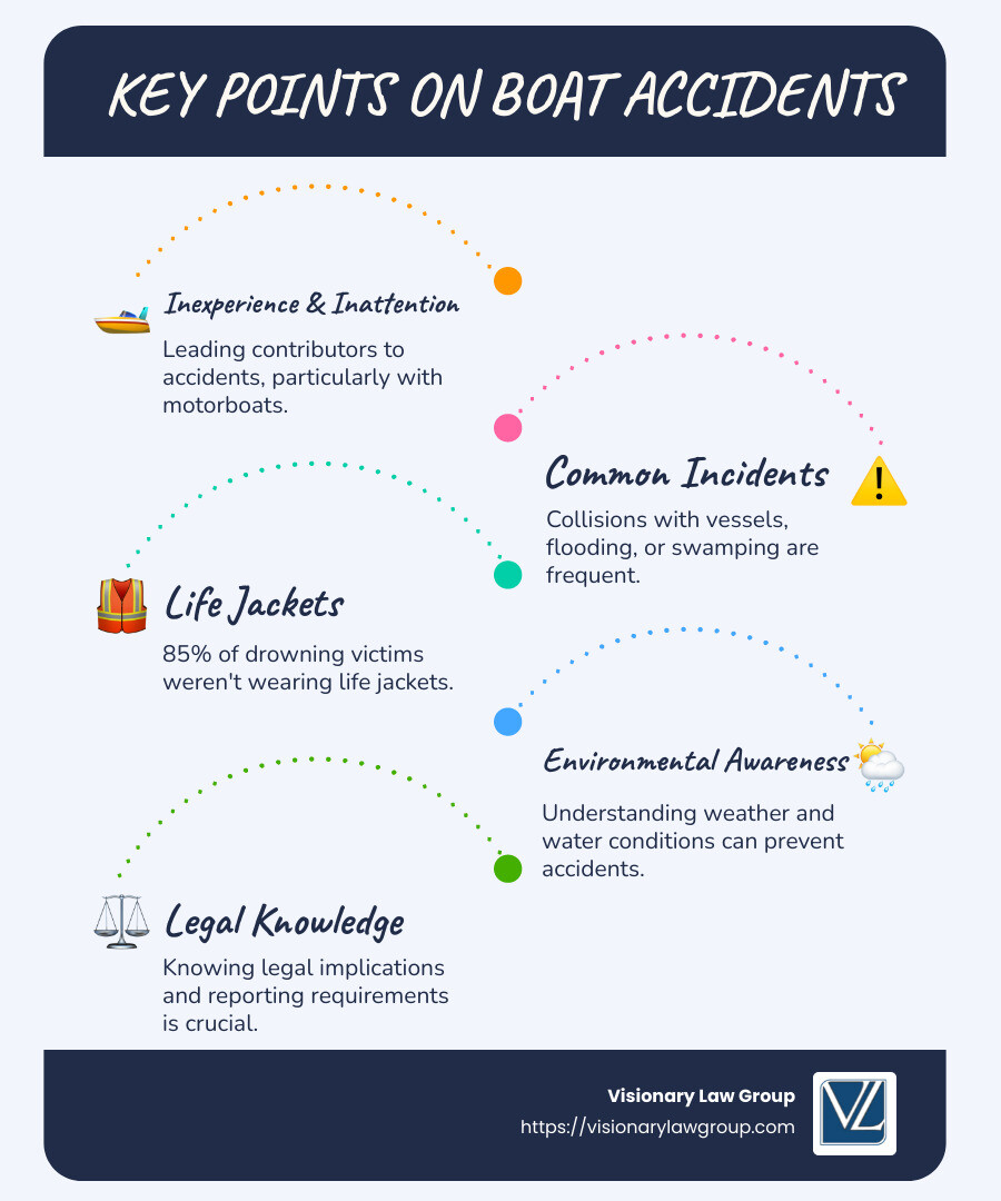 Infographic showing accident statistics and safety tips for boating - Boat accidents infographic infographic-line-5-steps-blues-accent_colors