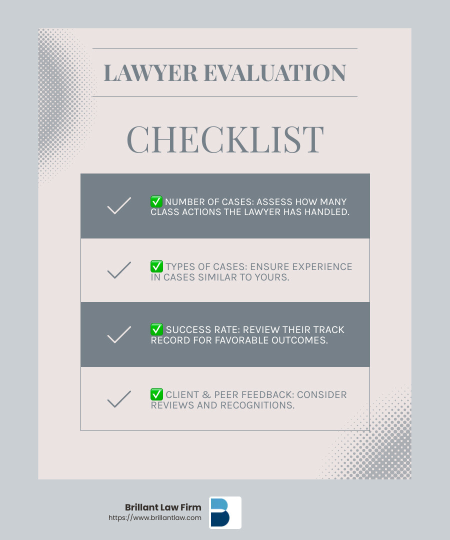29999930703bf9d1b758f80d024d4e2d835a5a28 How to Choose a Class Action Lawyer Near You Find the right class action attorney near me to maximize your settlement. Learn how to evaluate experience and initiate your lawsuit. Evaluating a Class Action Lawyer - class action attorney near me infographic checklist-light-blue-grey