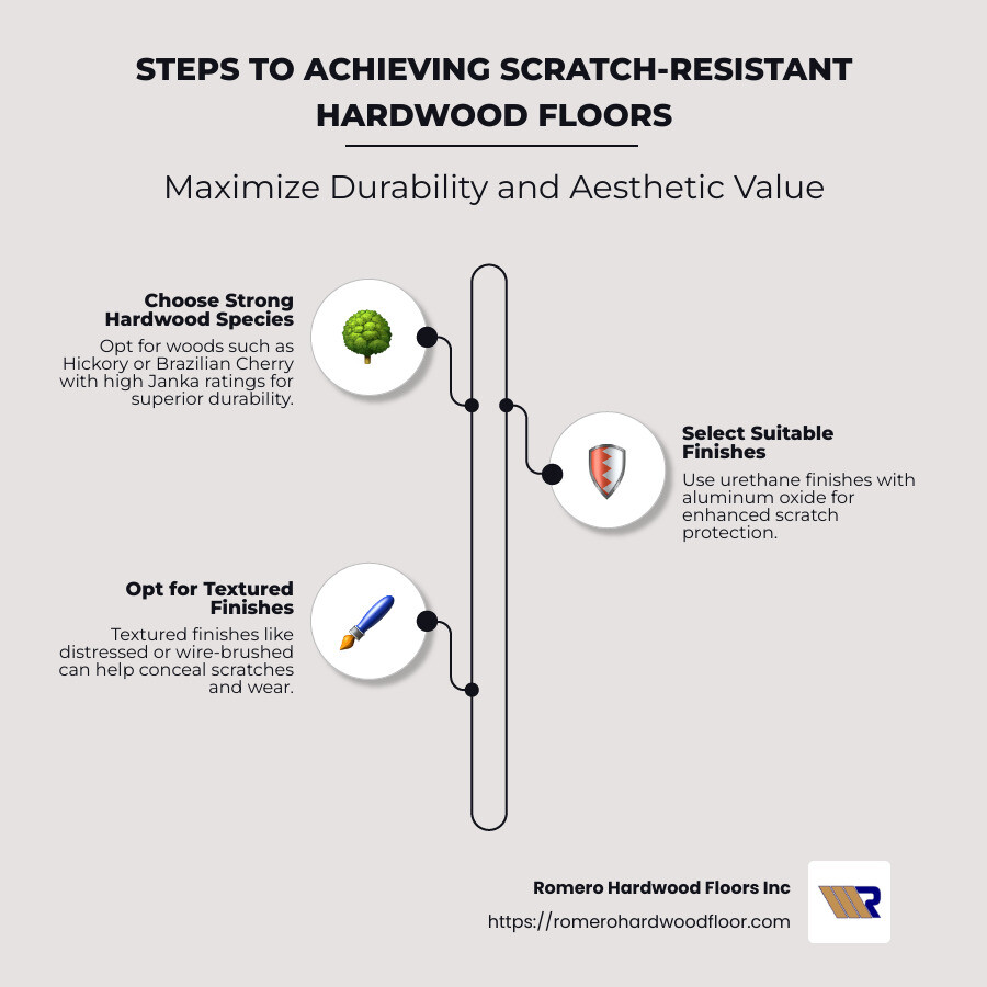 Infographic on scratch-resistant hardwood flooring features - Hardwood floors scratch resistant infographic infographic-line-3-steps-neat_beige