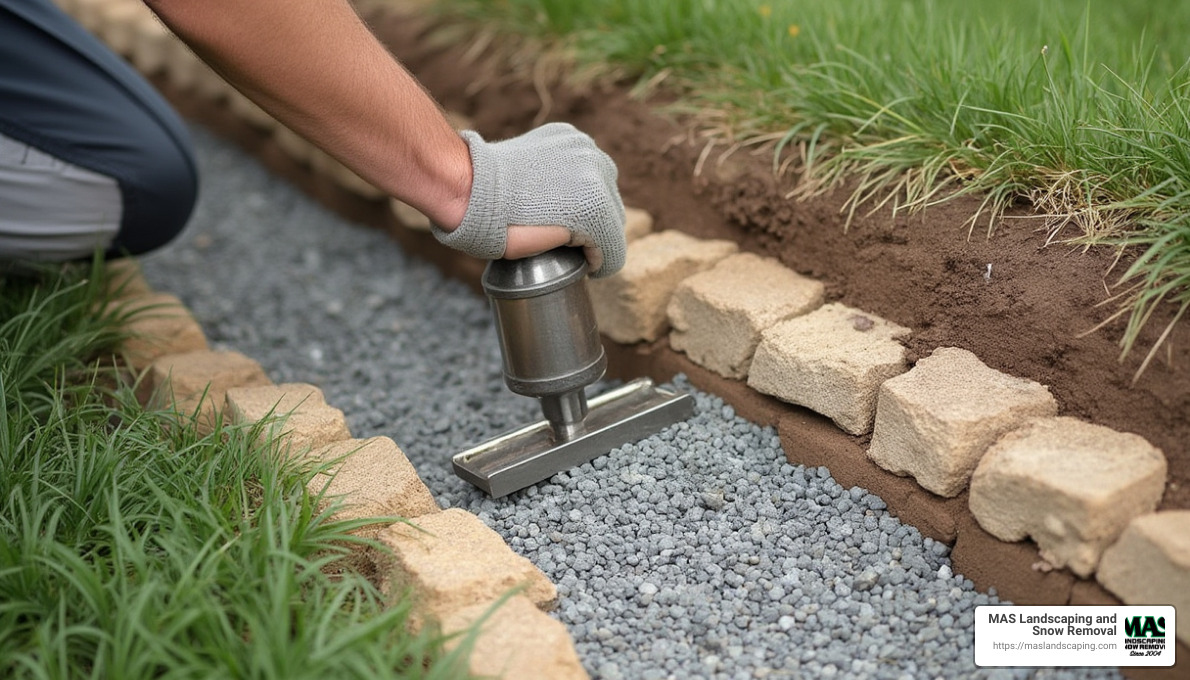 Compacting gravel with a hand tamper - Garden wall construction