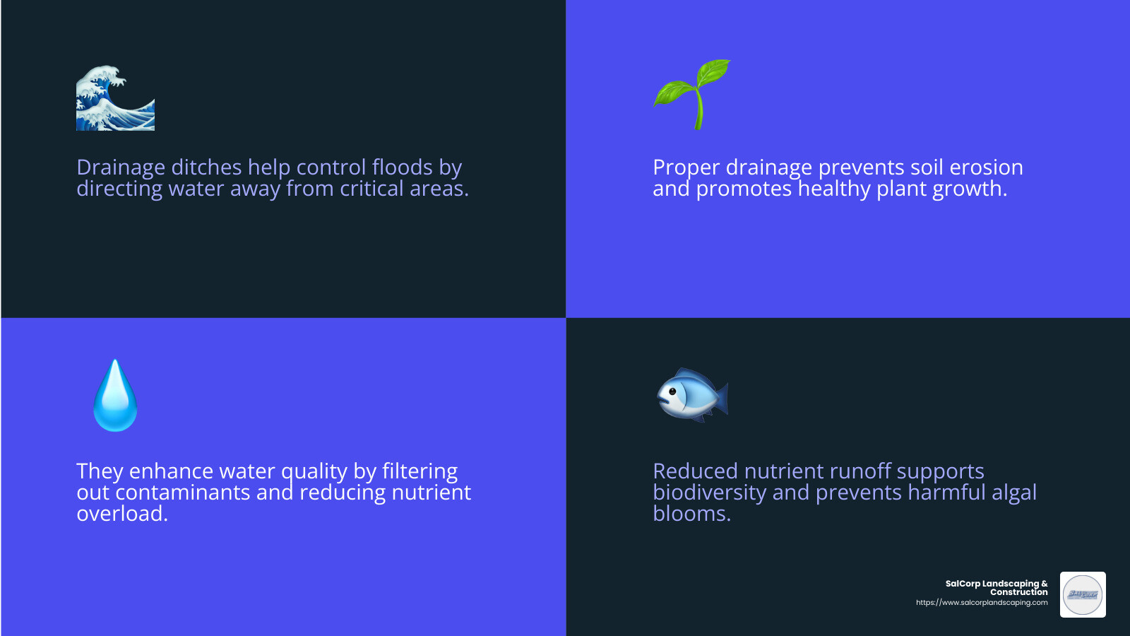 Reduced eutrophication leads to healthier aquatic ecosystems - drainage ditch infographic 4_facts_emoji_blue