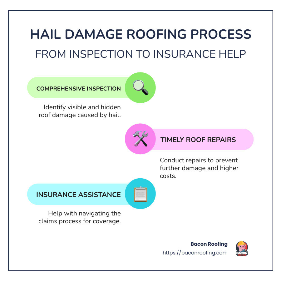 Infographic detailing the process from inspection to insurance help offered by hail damage roofing companies - hail damage roofing companies infographic infographic-line-3-steps-colors