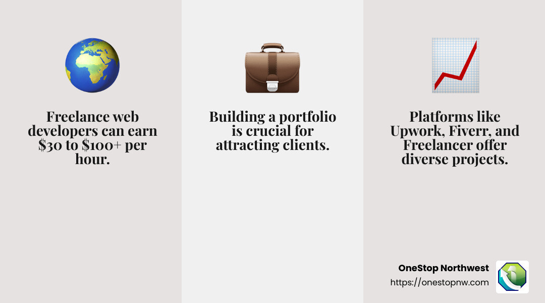 Freelance Web Development: A Beginner's Guide 5 Freelance web developers can earn between $30 to $100+ per hour, depending on expertise and project complexity. - freelance web developer infographic 3_facts_emoji_grey