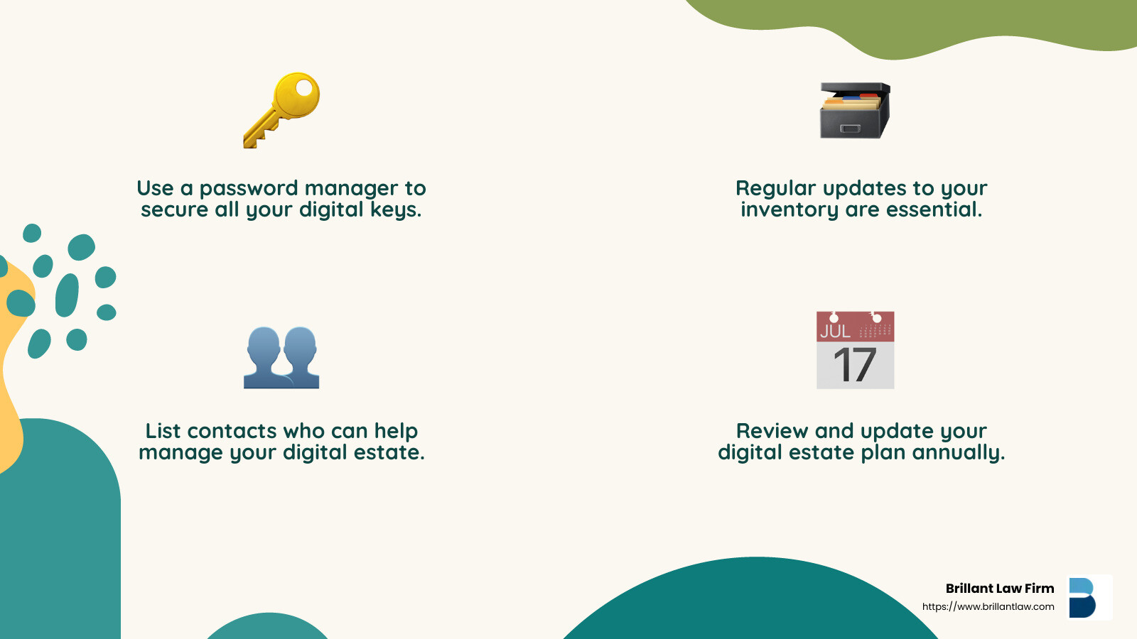 7a79df2e5ff6d954aa0601b0294d10f8e8674a76 Checkmate! Mastering Your Digital Estate Plan Master your digital estate planning checklist with our guide. Learn to protect digital assets and plan effectively for the future. Importance of Secure Password Management - digital estate planning checklist infographic 4_facts_emoji_nature