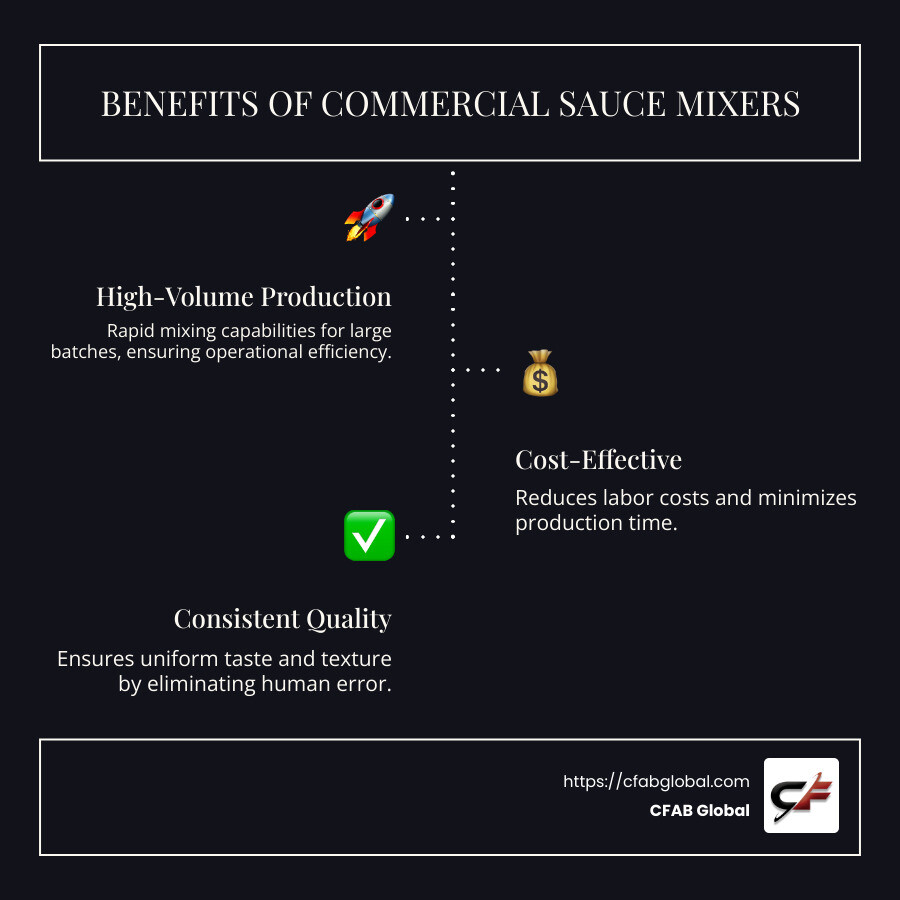 Infographic on operational efficiency and benefits of commercial sauce mixers - commercial sauce mixer infographic infographic-line-3-steps-dark