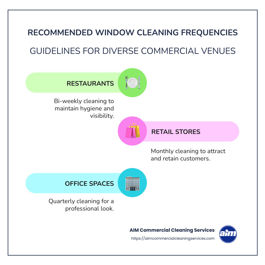 A chart showing frequency recommendations for window cleaning in various settings like restaurants (bi-weekly), retail (monthly), office spaces (quarterly) - how often do commercial windows need to be cleaned infographic infographic-line-3-steps-colors