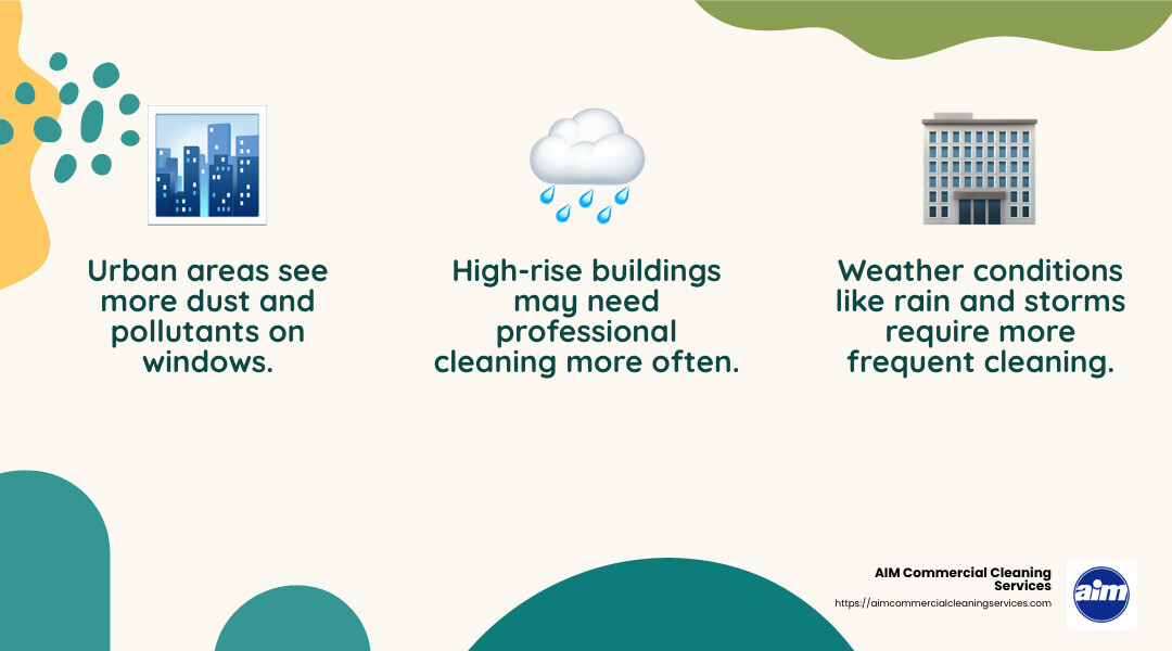 Urban pollution can increase window cleaning frequency. - how often do commercial windows need to be cleaned infographic 3_facts_emoji_nature