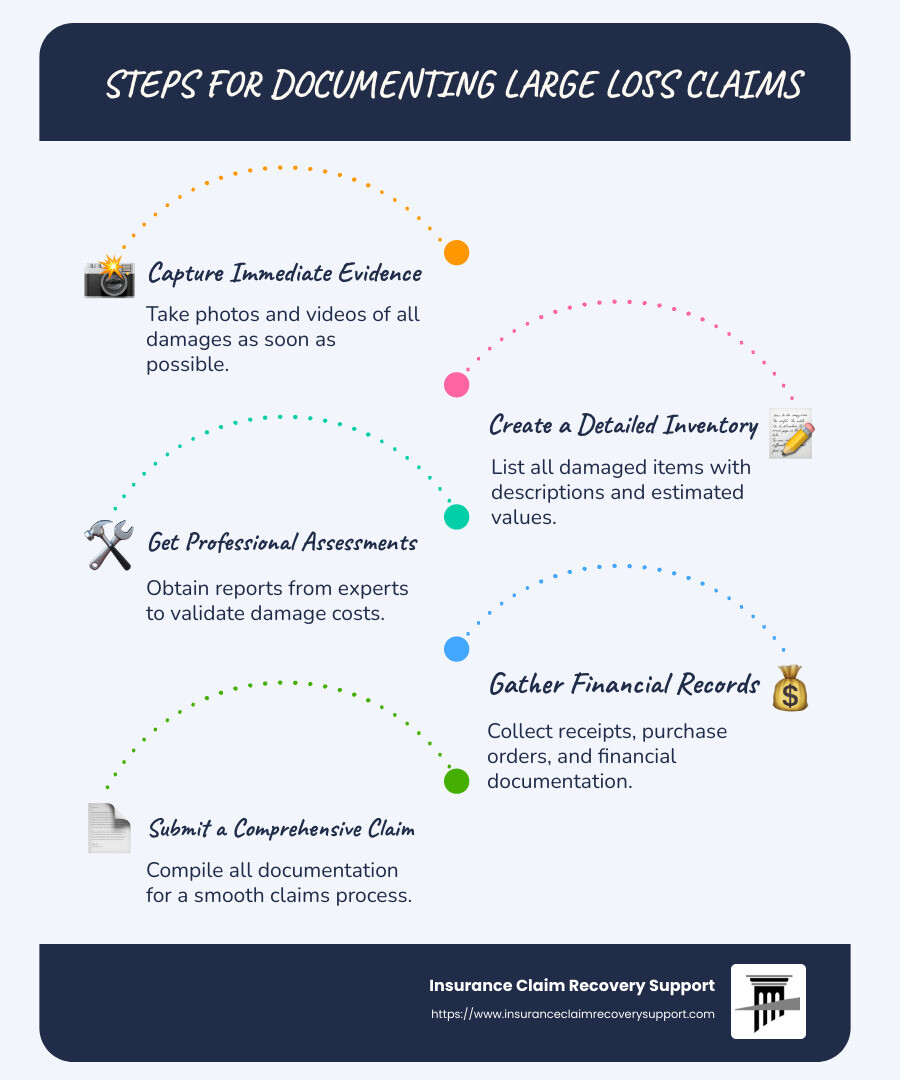 Infographic detailing steps to document large loss claims, including taking immediate photos, creating detailed lists of damages, validating with professional assessments, and consolidating financial documentation. - large loss claim documentation lists infographic infographic-line-5-steps-blues-accent_colors