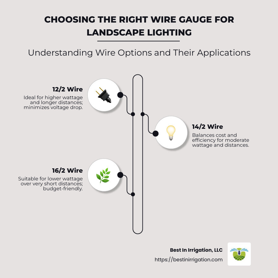 Comparison of wire gauges for landscape lighting, showing 12/2 wire for longer distances and higher wattage, 14/2 wire for moderate use, and 16/2 wire for short distances and lower wattage, with a simple graphic representation of a garden with lights and wires labeled with different gauges. - what gauge wire is best for landscape lighting infographic infographic-line-3-steps-neat_beige
