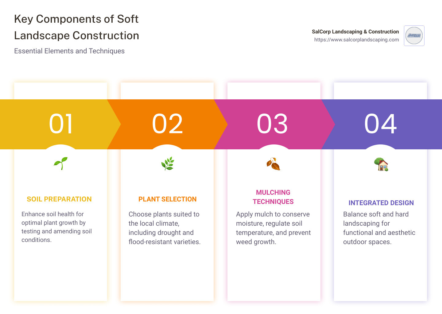Infographic on soft landscape construction components and techniques - what is soft landscape construction infographic pillar-4-steps