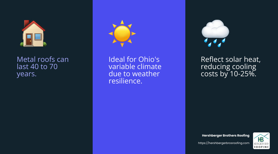 Durability of Metal Roofs - Residential roofing Ohio infographic 3_facts_emoji_blue