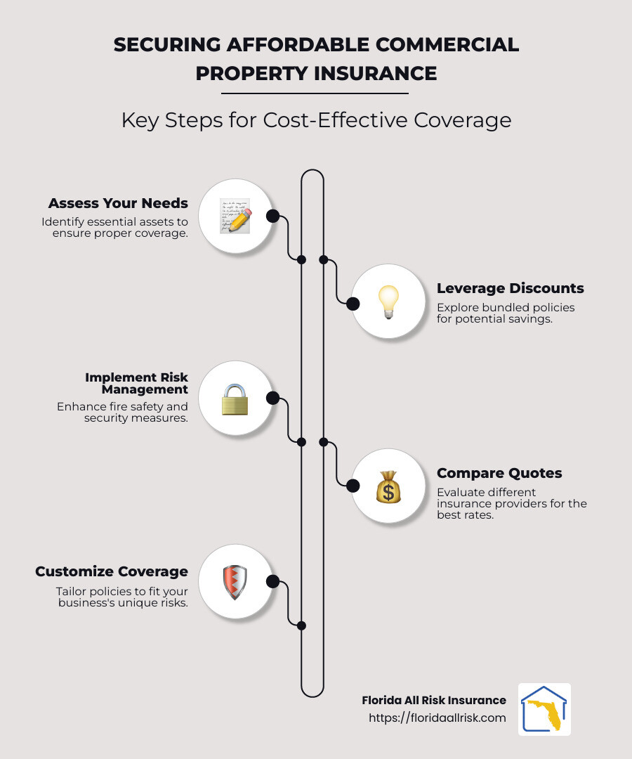 Infographic detailing steps to secure affordable commercial property insurance, including risk management, evaluating assets, and leveraging discounts - cheap commercial property insurance infographic infographic-line-5-steps-neat_beige