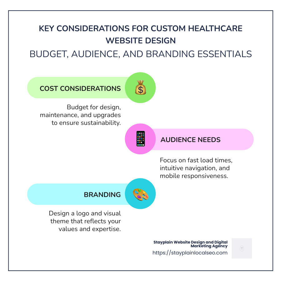 Checklist for Custom Healthcare Website Design: Budget, Audience, and Branding Essentials - Custom healthcare website design infographic infographic-line-3-steps-colors