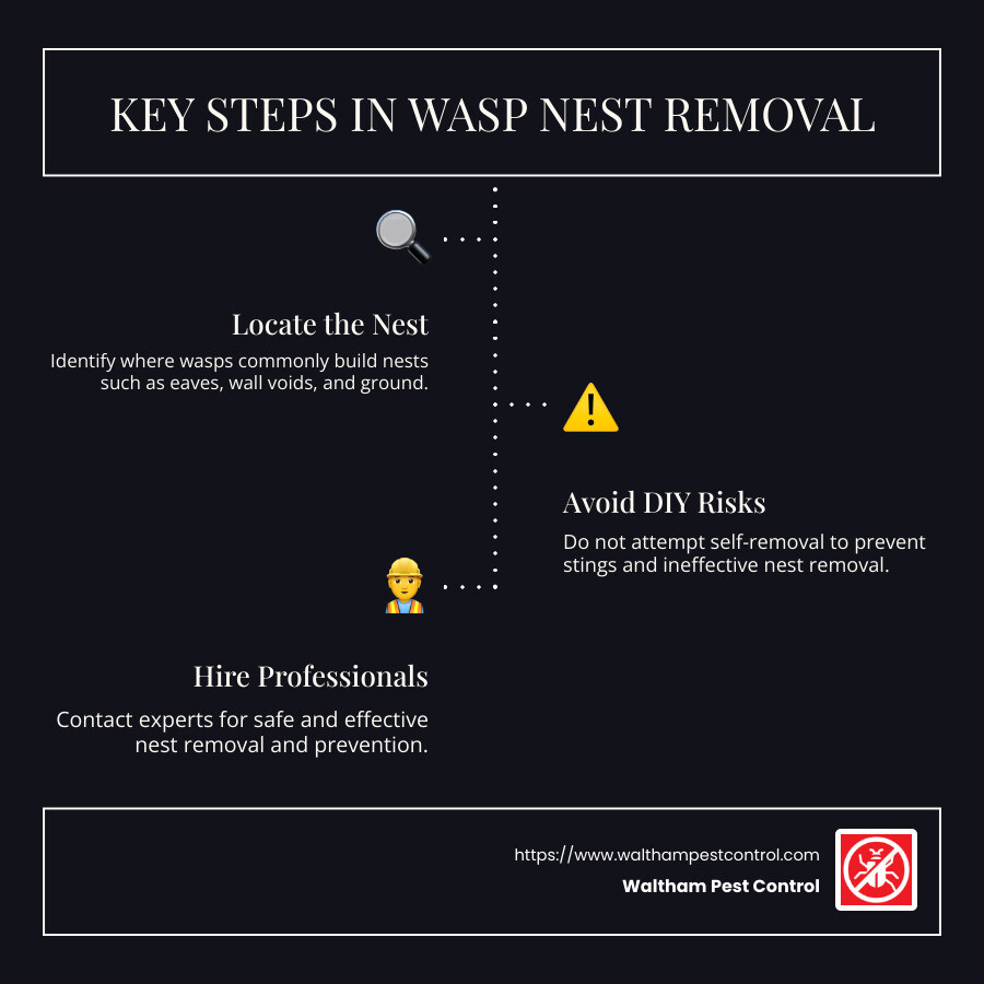 Infographic explaining wasp nest removal steps - Wasp nest removal Boxford infographic infographic-line-3-steps-dark