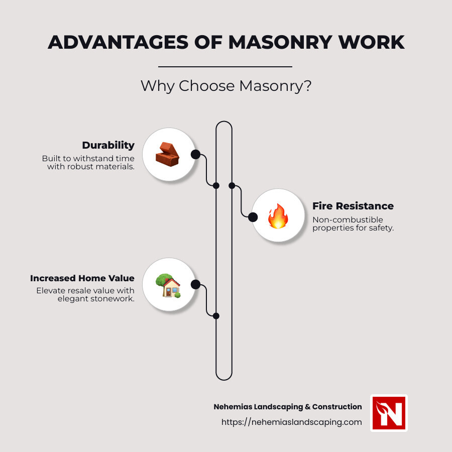 Overview of masonry work advantages and types, including fire resistance and various materials like brick and stone - masonry work infographic infographic-line-3-steps-neat_beige