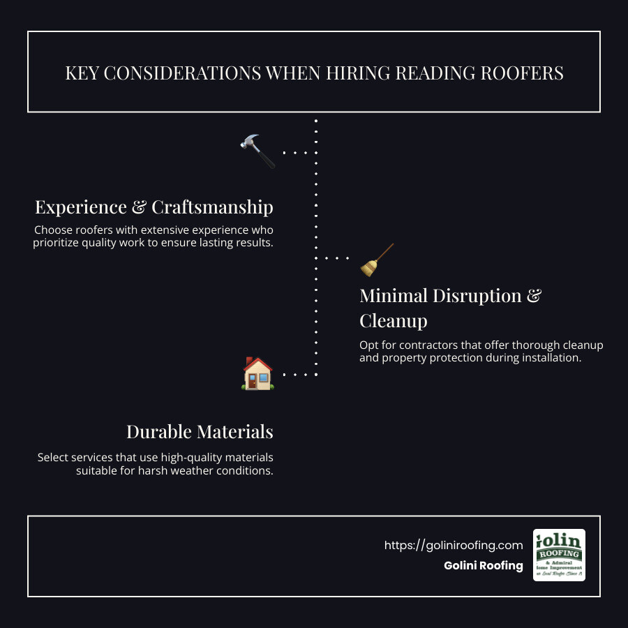 Infographic detailing key considerations when hiring Reading Roofers, including experience, craftsmanship, minimal disruption, and thorough cleanup. - Reading Roofers infographic infographic-line-3-steps-dark