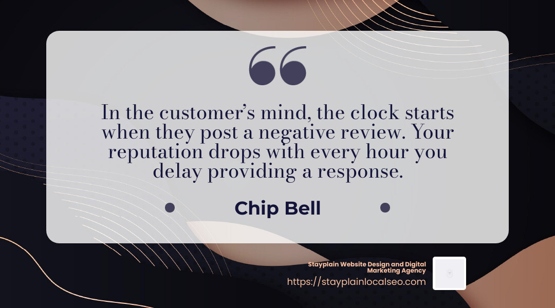 “In the customer’s mind, the clock starts when they post a negative review. Your reputation drops with every hour you delay providing a response.” - social media reputation monitoring infographic simple-quote-landscape-dark “In the customer’s mind, the clock starts when they post a negative review. Your reputation drops with every hour you delay providing a response.” - social media reputation monitoring infographic simple-quote-landscape-dark