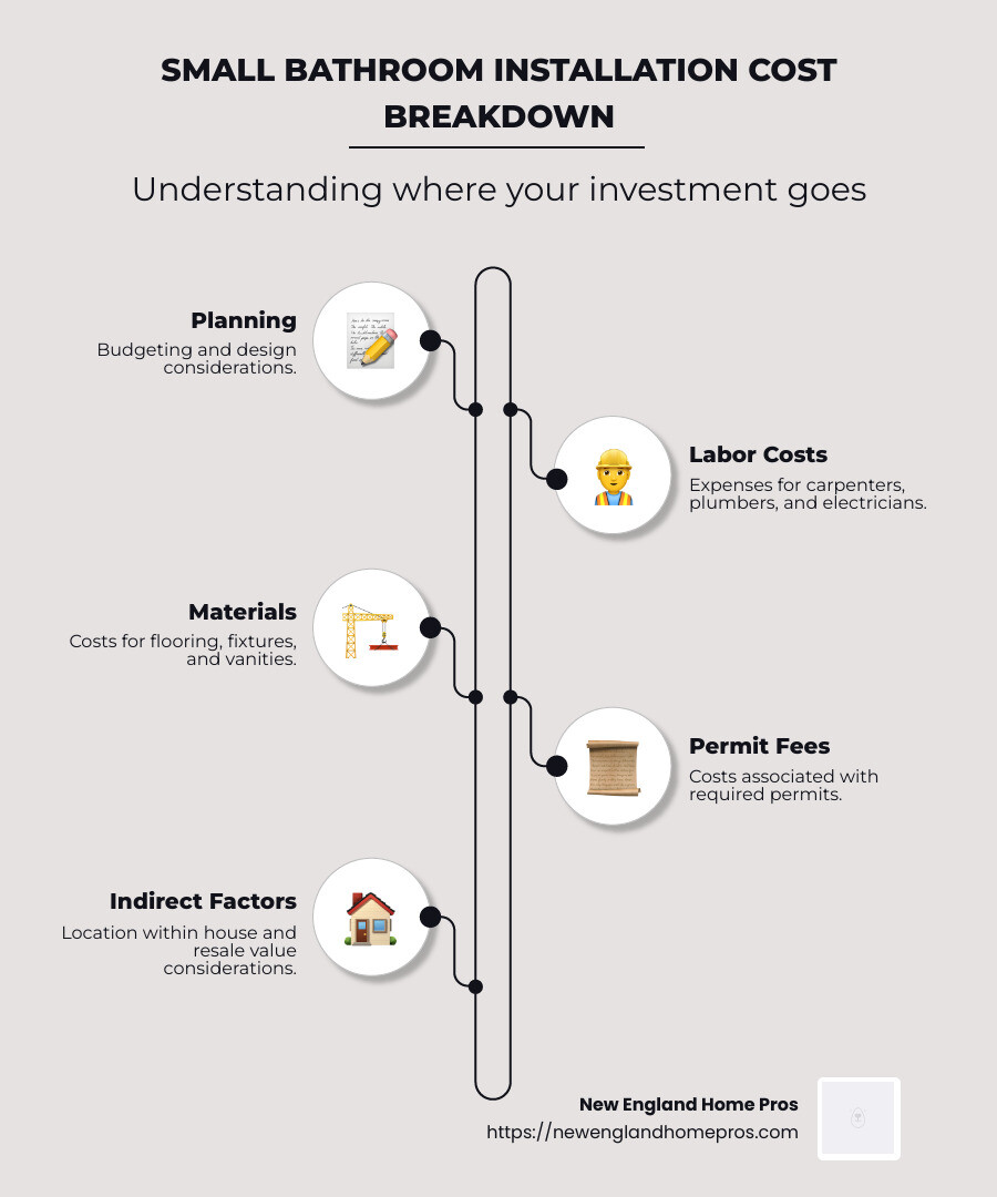 Infographic showing the cost breakdown of small bathroom installation, including labor, materials, and average price range - small bathroom installation cost infographic infographic-line-5-steps-neat_beige