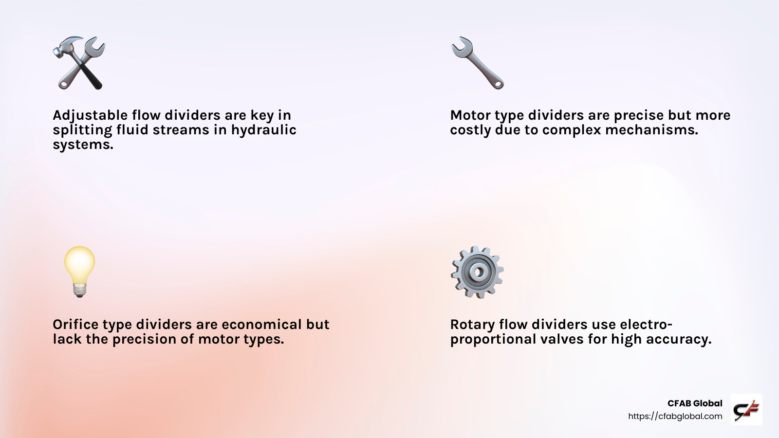Rotary flow dividers provide precise control over hydraulic systems, ensuring accuracy in fluid distribution. - adjustable flow divider infographic 4_facts_emoji_light-gradient