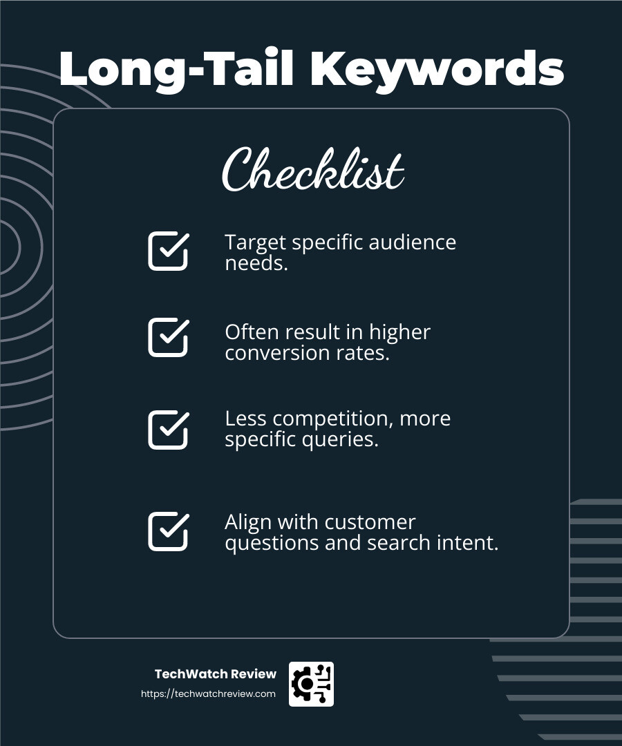 Long-tail keywords offer less competition and higher conversion rates - b2b seo tips infographic checklist-dark-blue