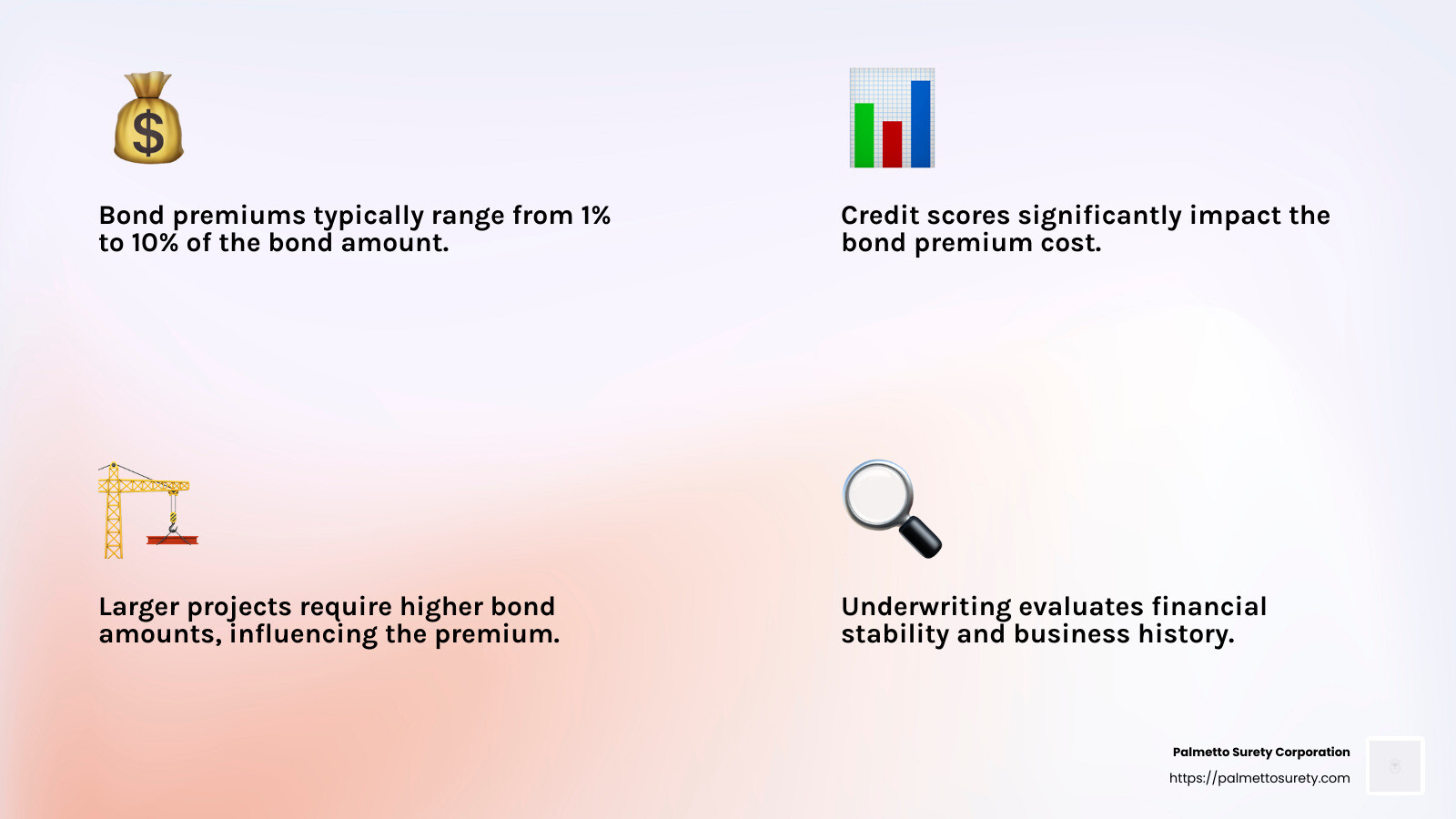 Surety bonds in florida: a contractor's guide 4 Factors impacting surety bond costs - florida contractor surety bond infographic 4_facts_emoji_light-gradient