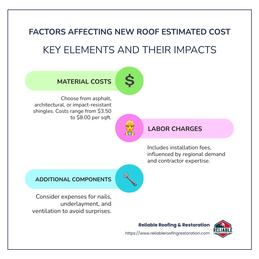 Infographic detailing common factors affecting new roof estimated cost, with illustrative icons for each factor such as materials cost, labor, and roof size - new roof estimated cost infographic infographic-line-3-steps-colors