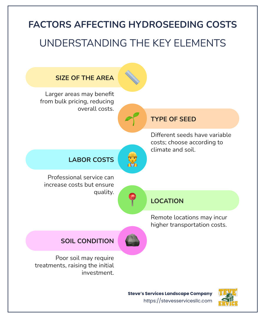 Cost to hydroseed infographic showing average cost and factors affecting pricing - cost to hydroseed infographic infographic-line-5-steps-colors