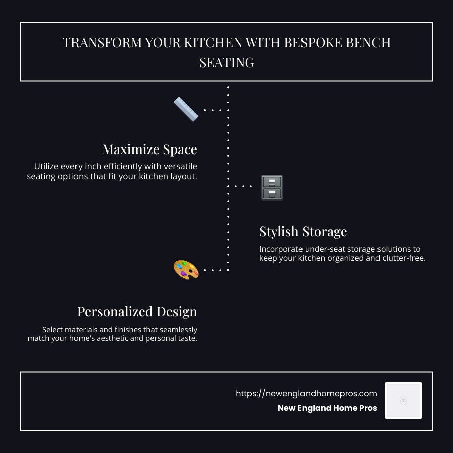 Detailed infographic of common kitchen bench seating layouts, materials, and potential customization options - bespoke kitchen bench seating infographic infographic-line-3-steps-dark