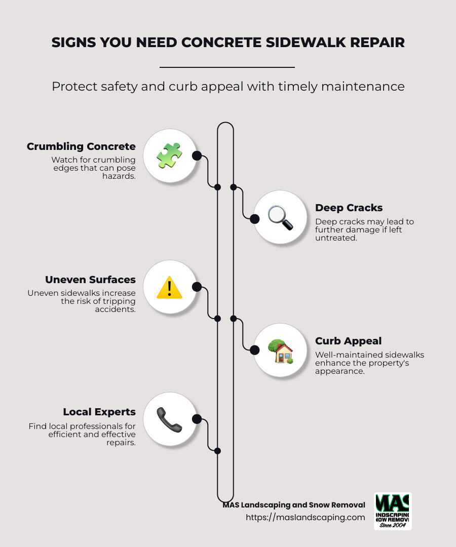 Infographic on signs you need concrete sidewalk repair: crumbling concrete, deep cracks, uneven surfaces, benefits of repair like safety and curb appeal, tips on finding local experts - concrete sidewalk repair near me infographic infographic-line-5-steps-neat_beige
