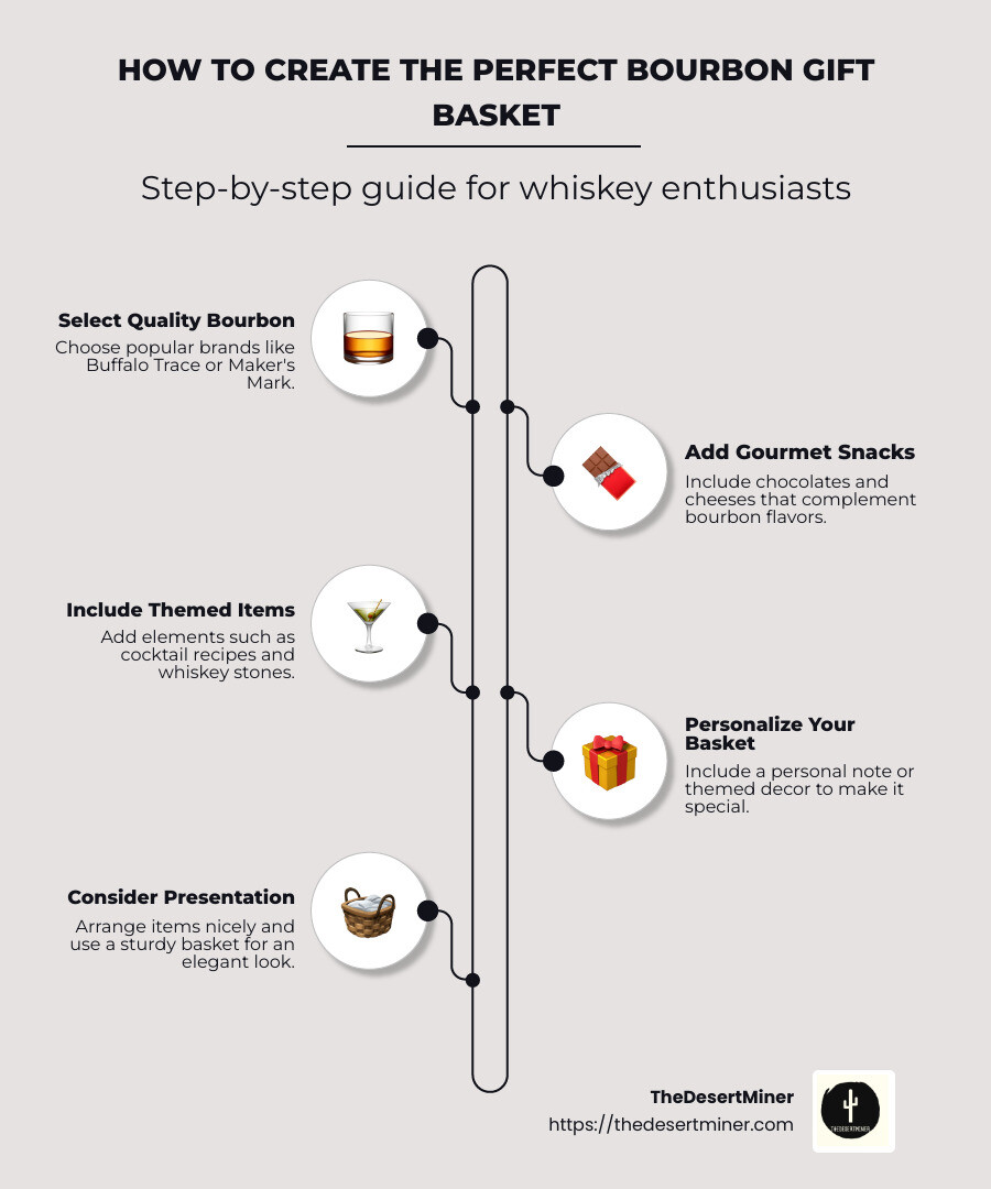 Infographic showing popular bourbons, complementary snacks, and bourbon-themed items for gift baskets - bourbon gift basket ideas infographic infographic-line-5-steps-neat_beige