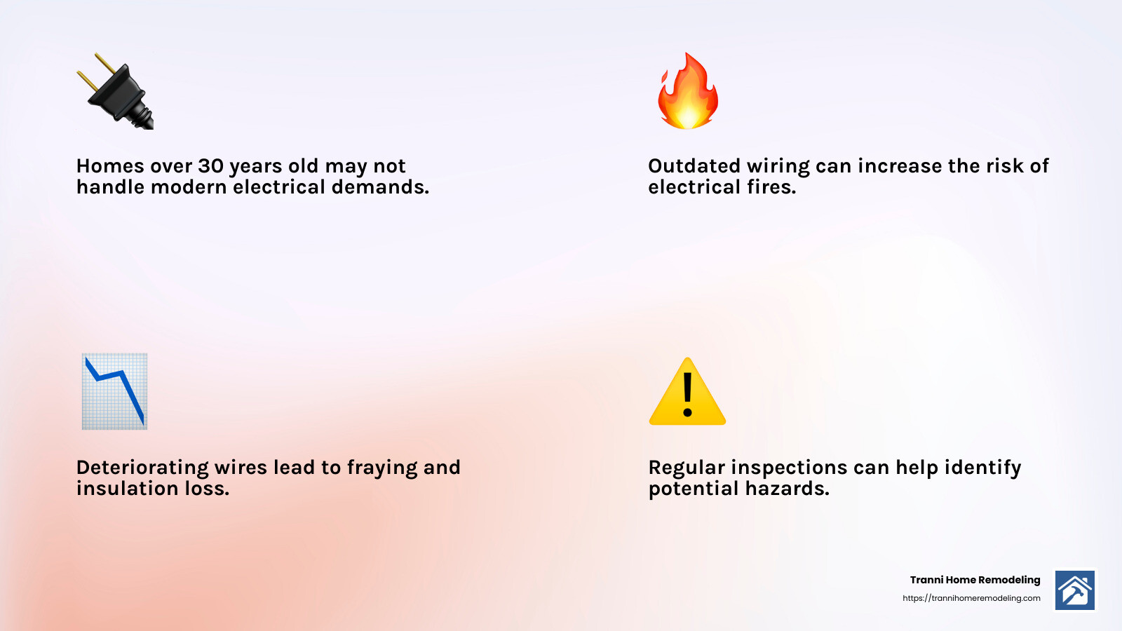 Old electrical wiring can pose serious risks. - Home wiring replacement infographic 4_facts_emoji_light-gradient