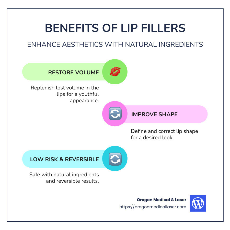 Simple infographic explaining what lip fillers can do for aesthetics, improve lip shape, restore volume, create symmetry, featuring natural ingredients, low risk, reversible results - lip filler portland infographic infographic-line-3-steps-colors Simple infographic explaining what lip fillers can do for aesthetics, improve lip shape, restore volume, create symmetry, featuring natural ingredients, low risk, reversible results - lip filler portland infographic infographic-line-3-steps-colors