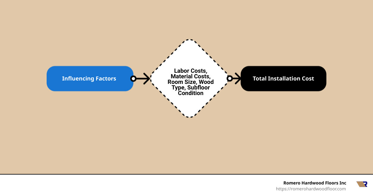 Detailed infographic showing factors affecting hardwood floor installation costs, including labor and material expenses, and the impact of room size, wood type, and subfloor condition on overall costs - hardwood floor installation cost infographic flowmap_simple