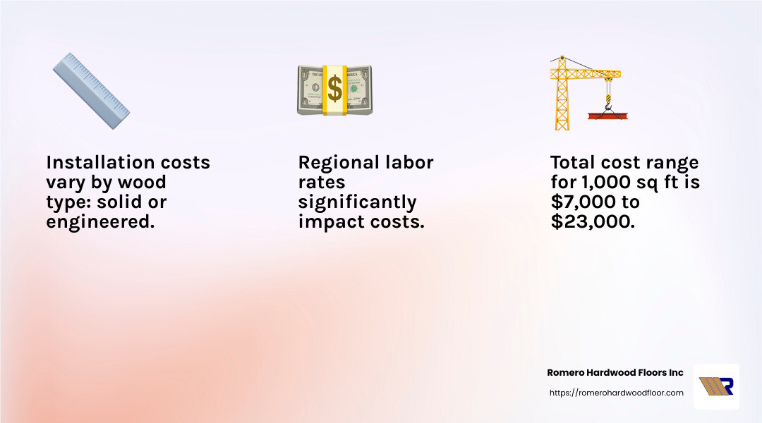 Average cost for 1,000 sq ft of hardwood flooring: $7,000 to $23,000 - hardwood floor installation cost infographic 3_facts_emoji_light-gradient