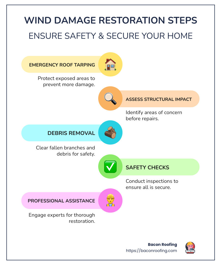 detailed infographic showing steps in wind damage restoration: emergency roof tarping, assessing structural impact, debris removal, safety checks, and professional assistance - wind damage restoration infographic infographic-line-5-steps-colors