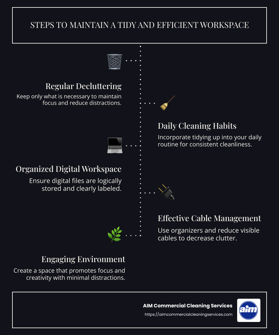 "Steps to maintain a tidy and efficient workspace, including decluttering, daily cleaning habits, digital workspace organization, cable management, and creating an engaging environment" - best tips for a clean and efficient work space infographic infographic-line-5-steps-dark