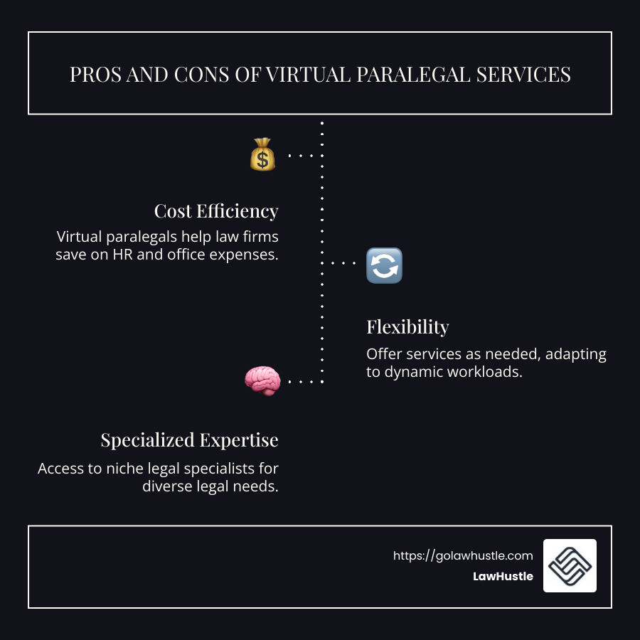 Infographic detailing pros and cons of virtual paralegal services, showing benefits like cost savings and challenges such as technology dependency - virtual paralegal services reviews infographic infographic-line-3-steps-dark