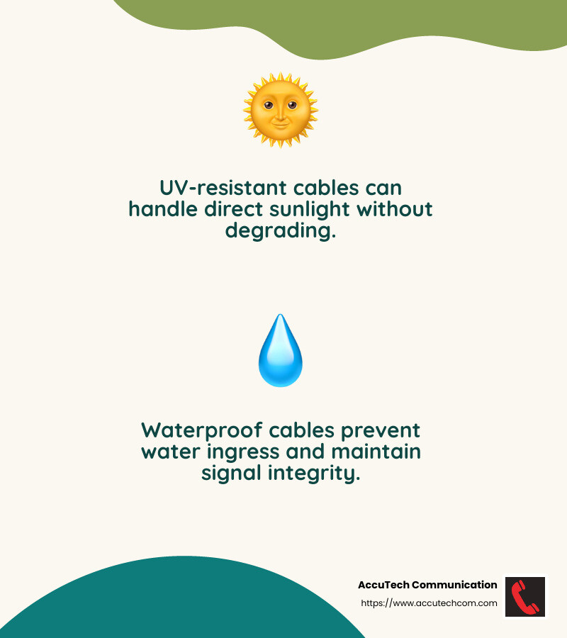 CMX-rated cables are essential for outdoor installations, providing UV and weather protection. - outdoor network cable infographic 2_facts_emoji_nature