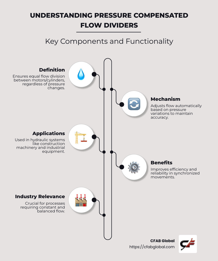 Detailed Infographic Explaining Pressure Compensated Flow Dividers - Showcasing Components, Working Mechanism, Benefits, and Key Applications - pressure compensated flow divider infographic infographic-line-5-steps-neat_beige