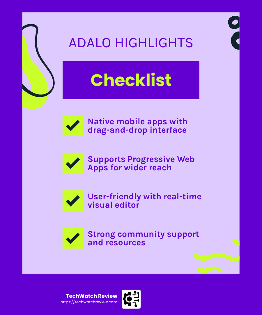Adalo's user-friendly interface is a game-changer for those new to app development. - best no code platforms infographic checklist-fun-neon