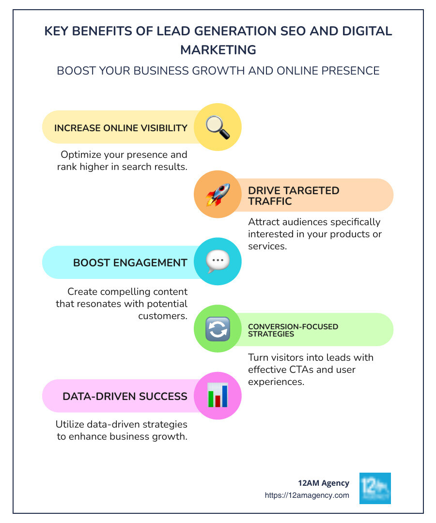 Detailed infographic on lead generation benefits through SEO and digital marketing - lead generation seo services and digital marketing services infographic infographic-line-5-steps-colors