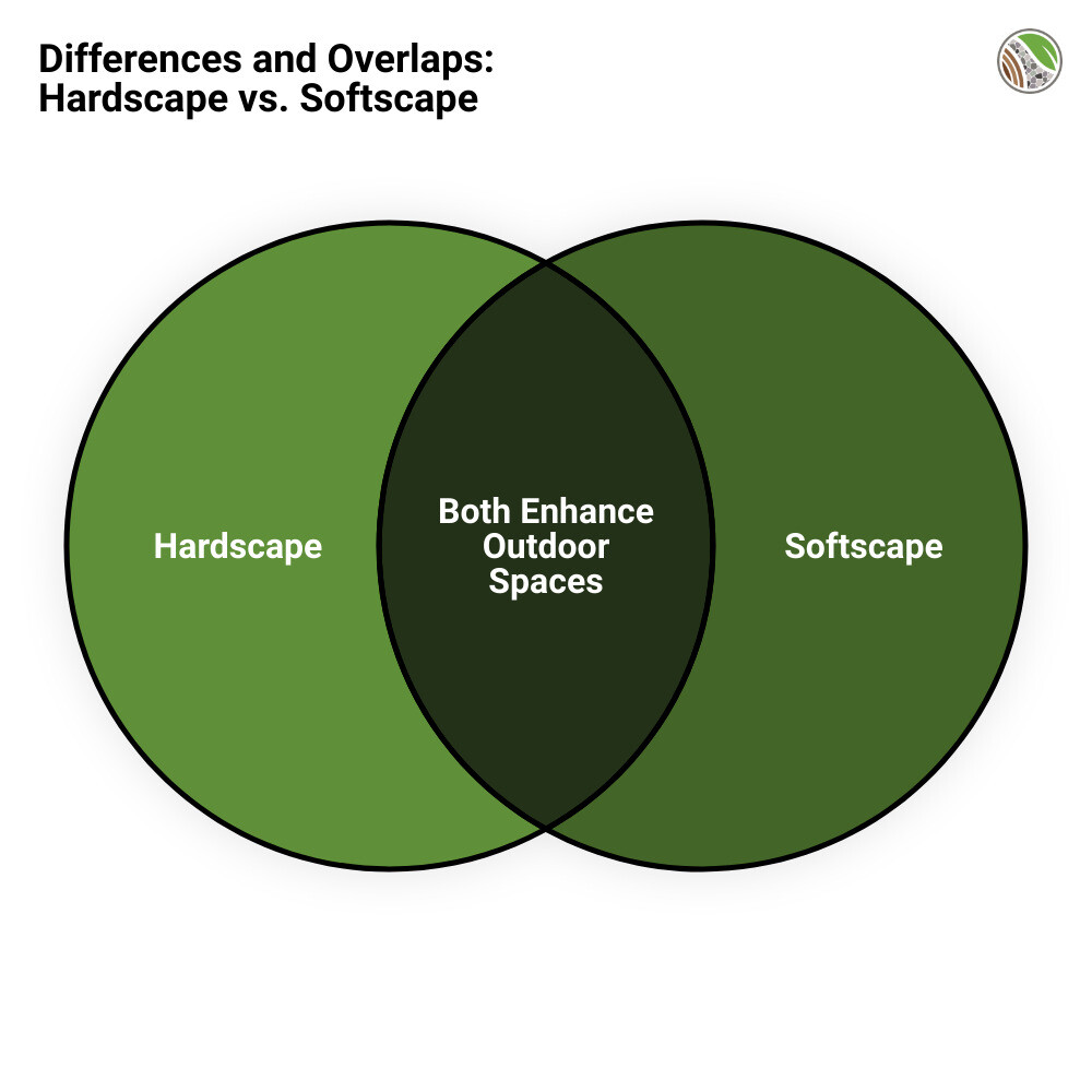 Detailed infographic explaining the definition of hardscape in construction: showcasing examples like patios, walkways, and retaining walls, and visually contrasting them with softscape elements like plants and trees. - what is hardscape in construction infographic venn_diagram