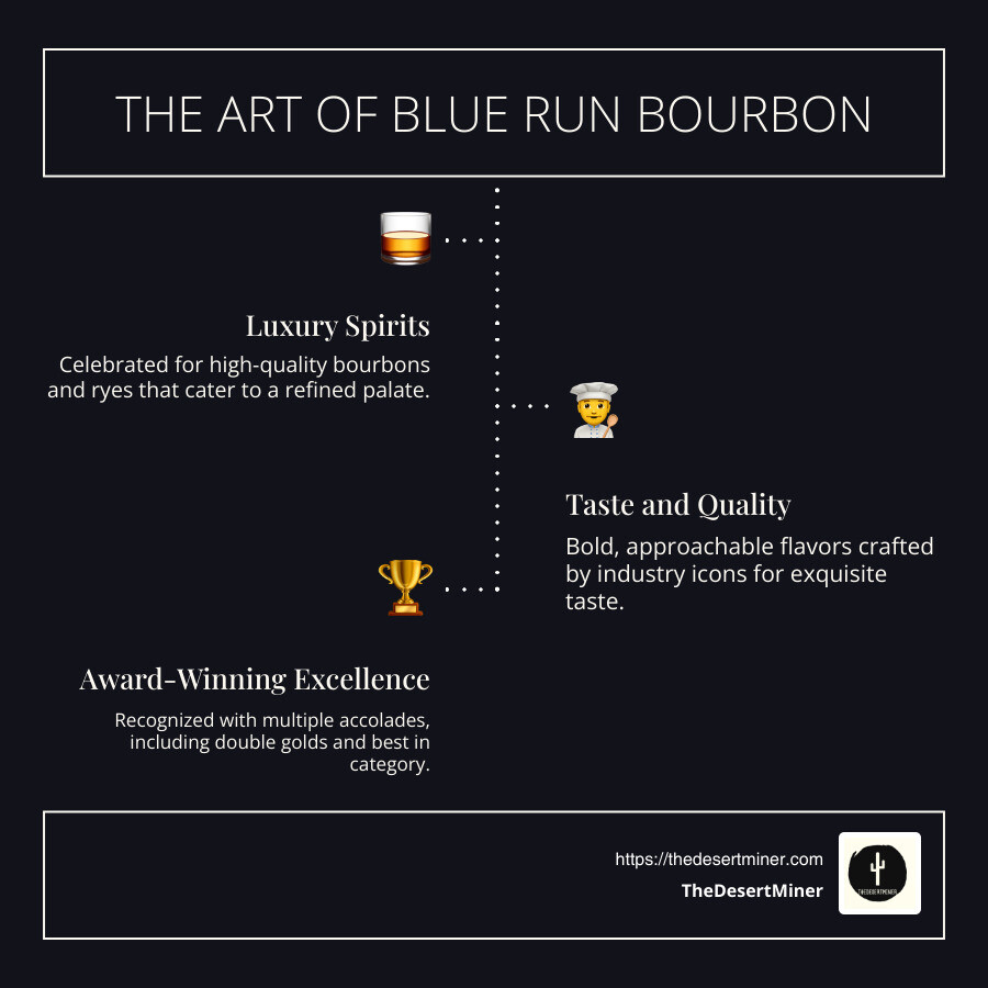 Detailed infographic describing Blue Run Bourbon's features: luxury spirit, unique butterfly symbol, award-winning taste, and expert craftsmanship - blue run bourbon infographic infographic-line-3-steps-dark