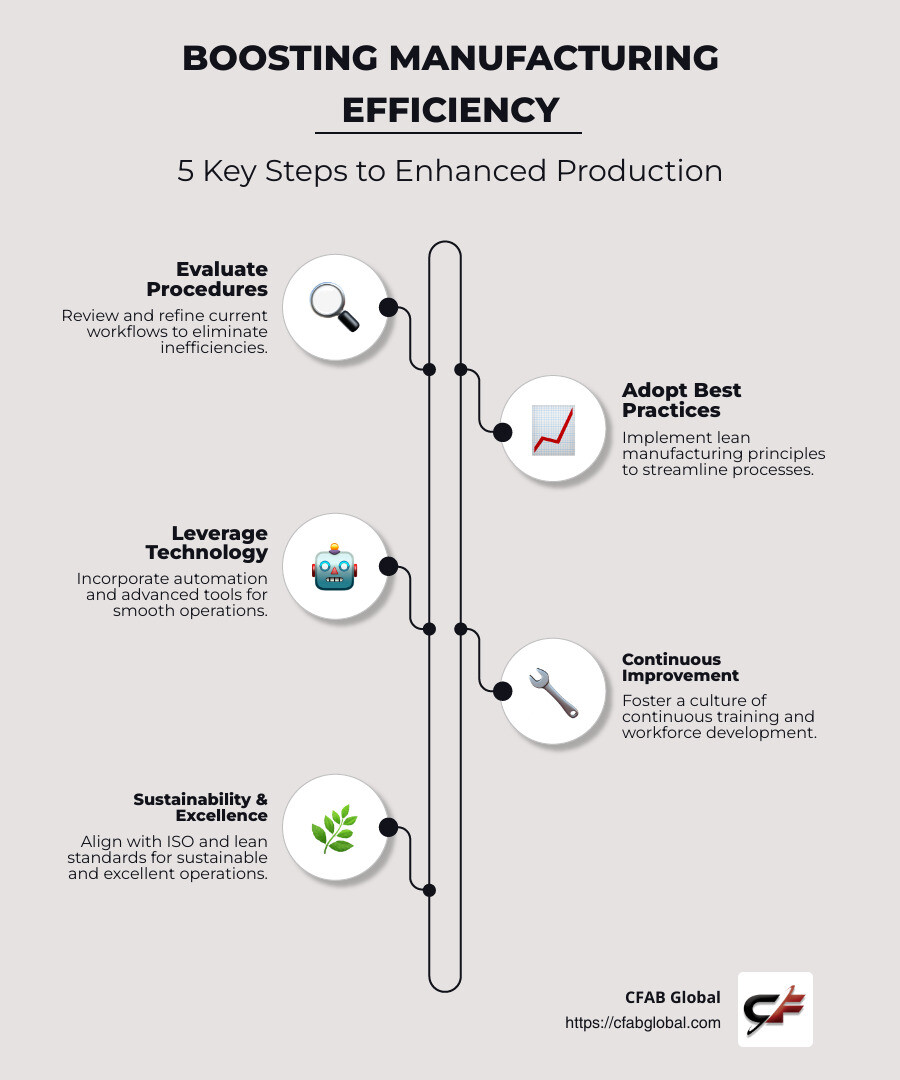 Infographic showcasing the best manufacturing efficiency practices, highlighting evaluation of procedures, adoption of best practices like lean principles, and leveraging technology such as AI and automation. - manufacturing efficiency infographic infographic-line-5-steps-neat_beige