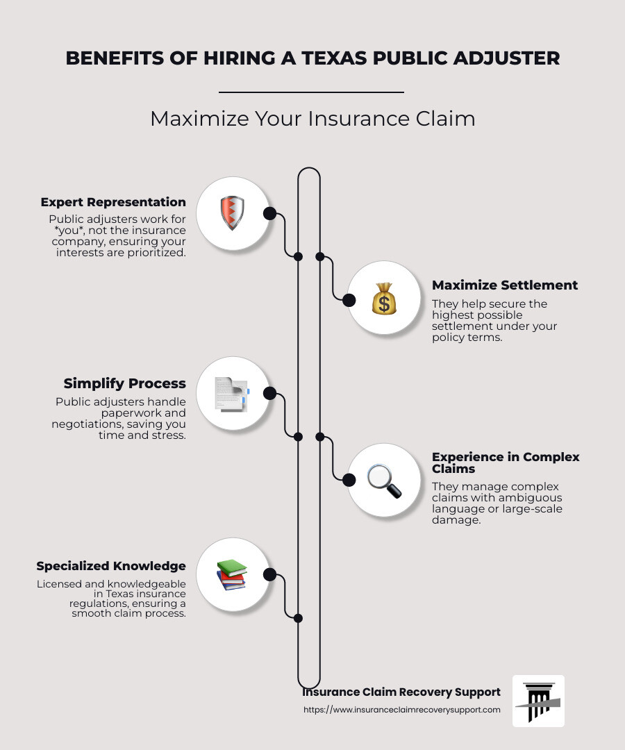 Infographic detailing benefits of hiring a Texas public adjuster, such as representing homeowners exclusively, maximizing settlements, and simplifying complex policy terms for policyholders. - public adjuster Texas infographic infographic-line-5-steps-neat_beige