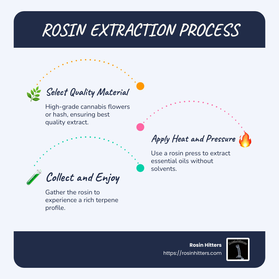 Infographic detailing the rosin extraction steps, highlighting key points like heat-application, pressure control, and collection of the final produce - rosin extraction process infographic infographic-line-3-steps-blues-accent_colors