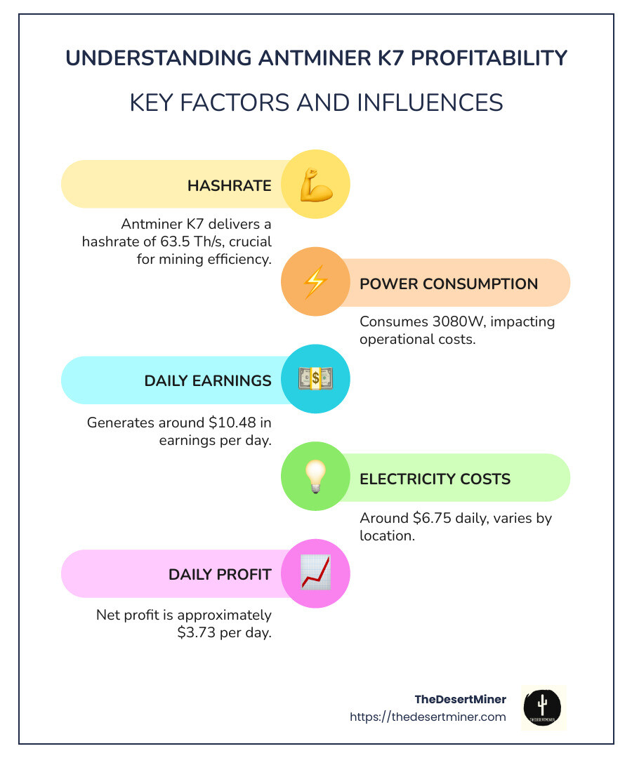 Infographic detailing the Antminer K7 profitability, showing daily earnings, power consumption, and market factors affecting earnings, such as cryptocurrency price fluctuations and electricity costs. - antminer k7 profitability infographic infographic-line-5-steps-colors