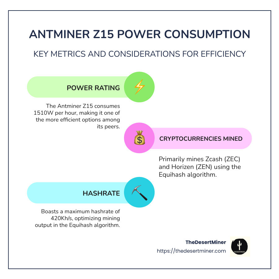 Infographic detailing Antminer Z15 power consumption metrics, including power rating (1510W), key mined cryptocurrencies (Zcash, Horizen), and features such as the 420Kh/s hashrate. - Antminer Z15 power consumption infographic infographic-line-3-steps-colors