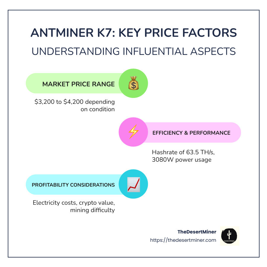 Infographic detailing key features of Antminer K7 and its price range - antminer k7 price infographic infographic-line-3-steps-colors
